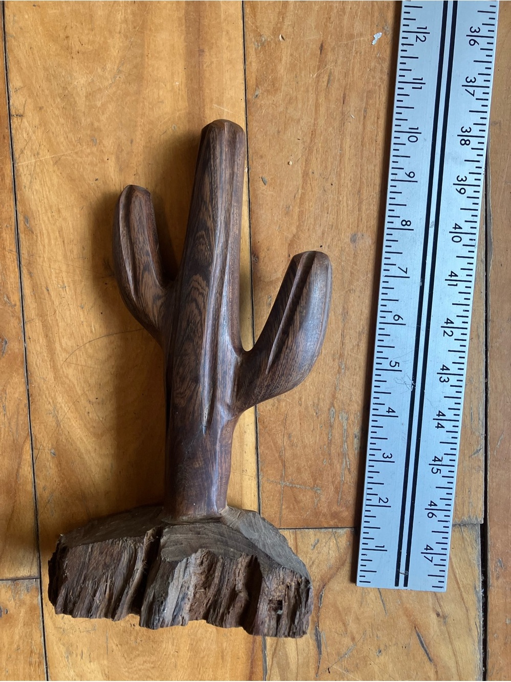 Hand-Carved Wooden Cactus Sculpture - Dark Brown
